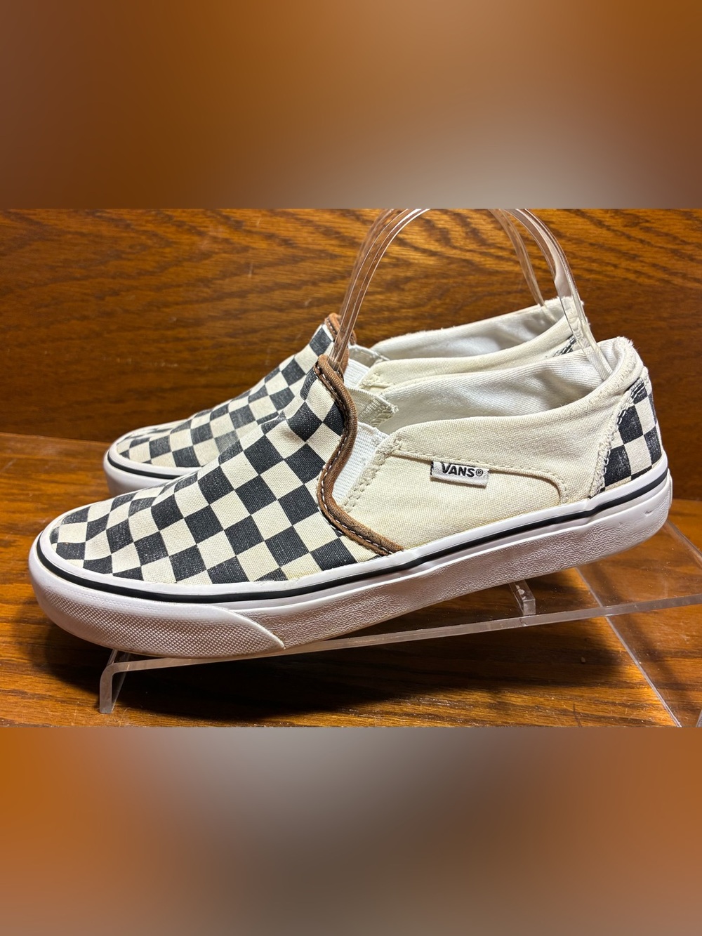 RARE Vans Classic Slip-On Checkerboard Brown Trim Canvas Shoes Women’s 8